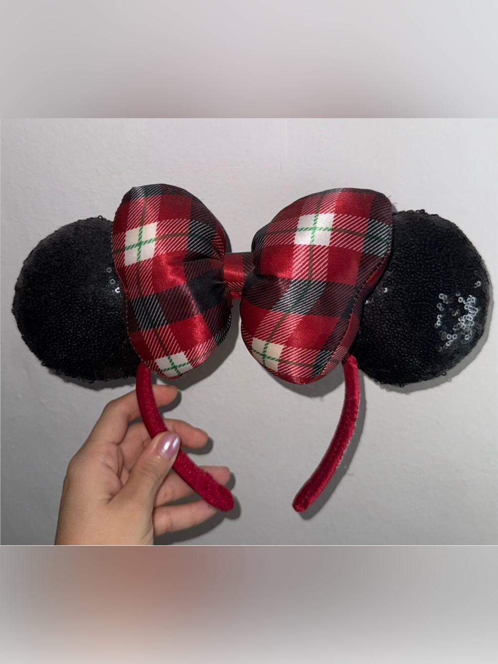 Disney Parks Christmas Holiday Sequin/Plaid Bow Minnie Ears Headband